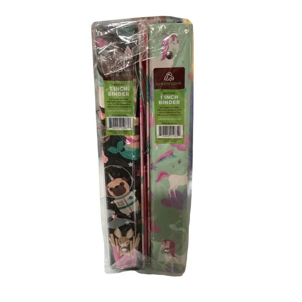 Greenroom 1 Inch Recycled 3 Ring Binder 3 Pack Unicorn‎ Flamingo Dog Prints NEW